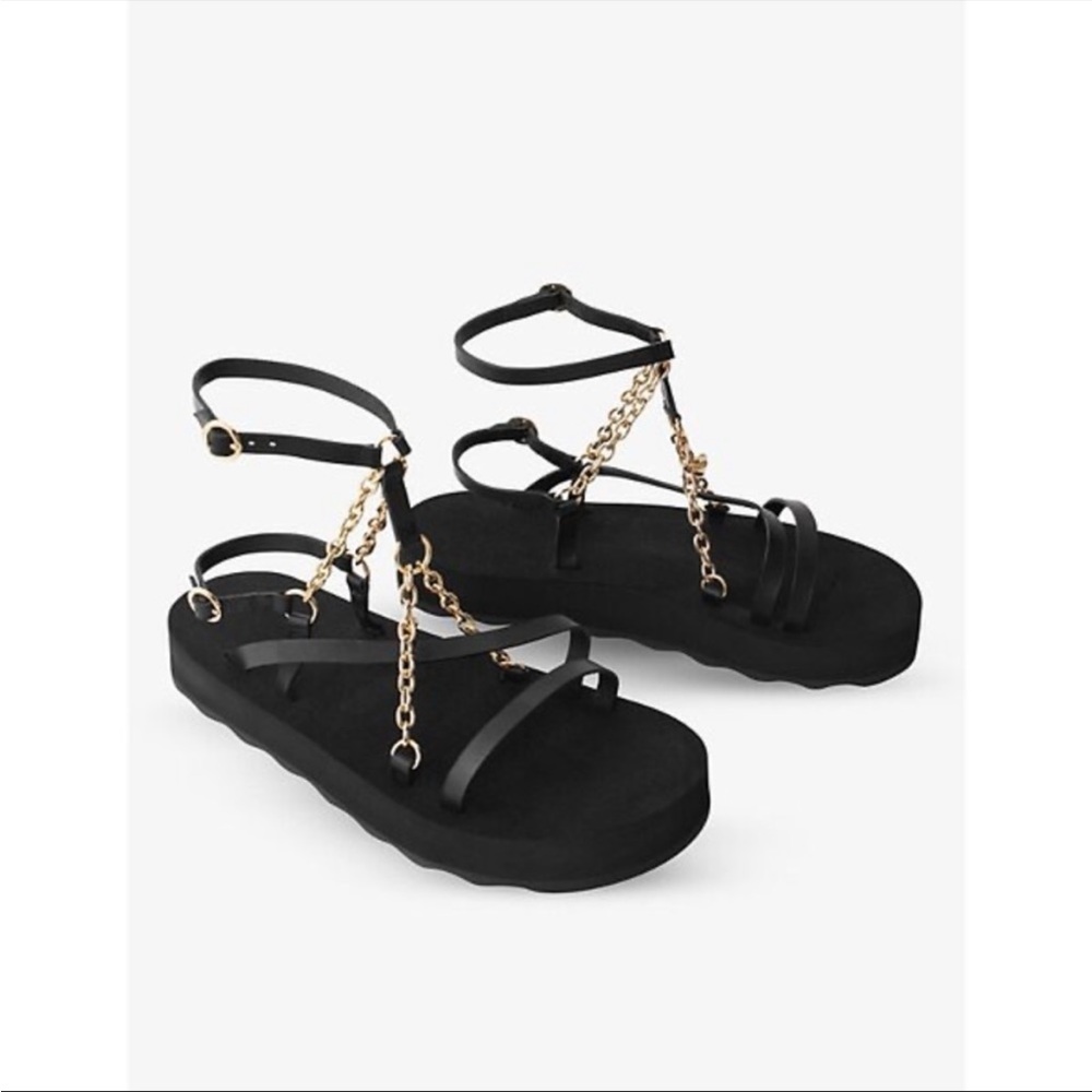 Maje Frankie charm chain leather black gold sandals platform sandal flat flats